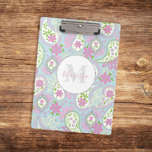 Pink Girly Cute Chic Preppy Paisley Monogram  Clipboard