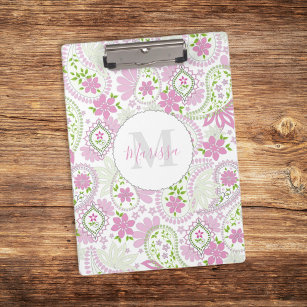 Pink Girly Cute Chic Preppy Paisley Monogram   Clipboard