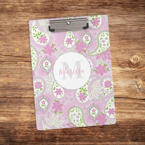 Pink Girly Cute Chic Preppy Paisley Monogram Clipboard