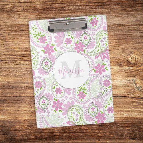 Pink Girly Cute Chic Preppy Paisley Monogram   Clipboard