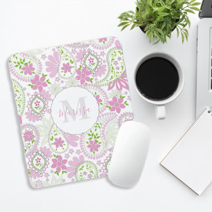 Pink Girly Cute Chic Preppy Paisley Monogram  Mouse Pad