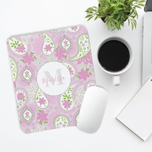Pink Girly Cute Chic Preppy Paisley Monogram Mouse Pad