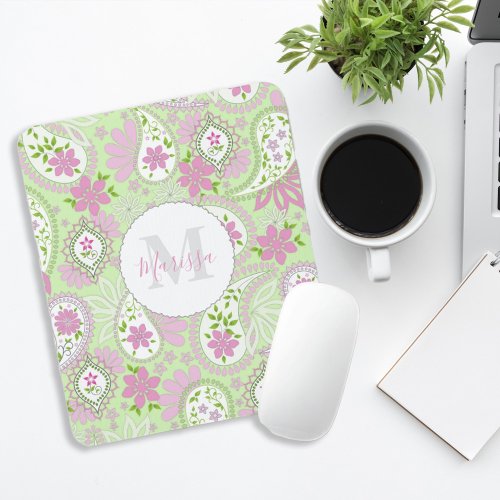 Pink Girly Cute Chic Preppy Paisley Monogram Mouse Pad