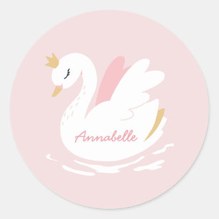 Pink girly cute swan elegant birthday personalized classic round sticker