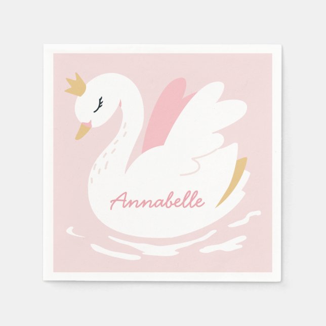 Pink girly cute swan elegant birthday personalized napkins (Front)