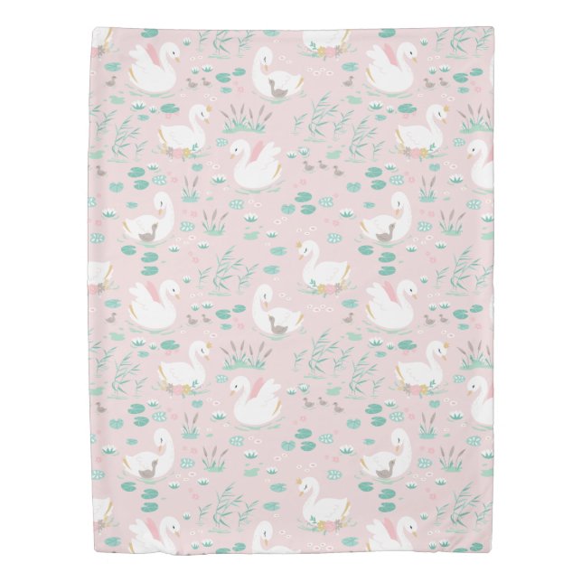 Pink girly cute swan floral elegant beautiful duvet cover (Front)