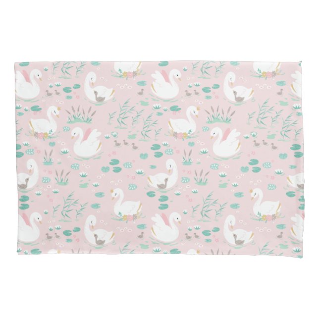 Pink girly cute swan floral elegant beautiful pillow case (Front)