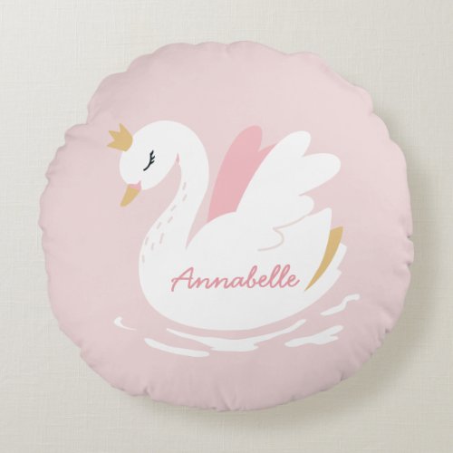 Pink girly cute swan floral elegant beautiful round pillow