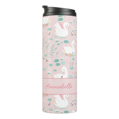 Pink girly cute swan floral elegant beautiful thermal tumbler