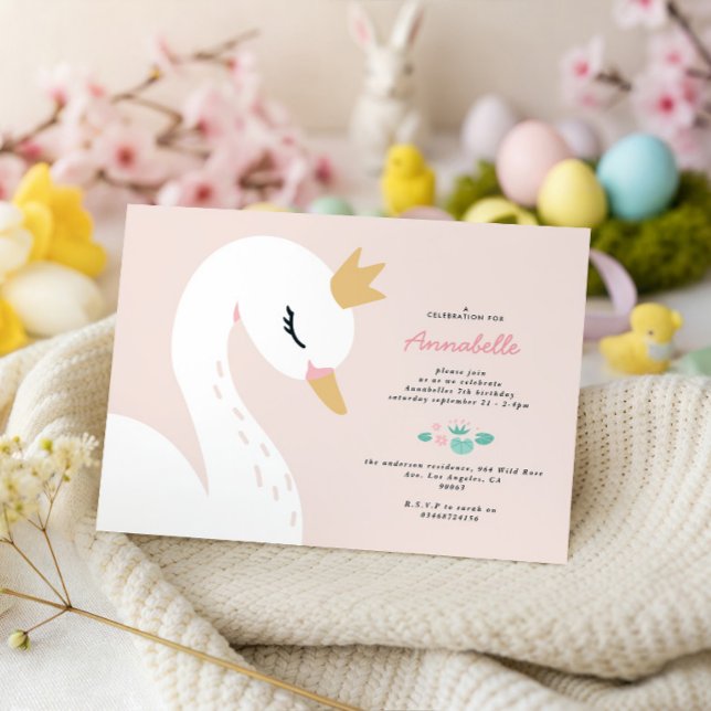 Pink girly elegant cute beautiful swan children's  invitation (Creator Uploaded)