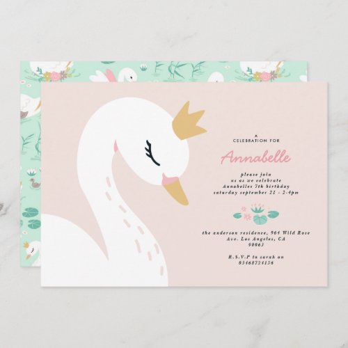 Pink girly elegant cute beautiful swan childrens  invitation