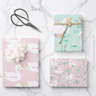Pink girly elegant cute beautiful swan children's wrapping paper sheets
