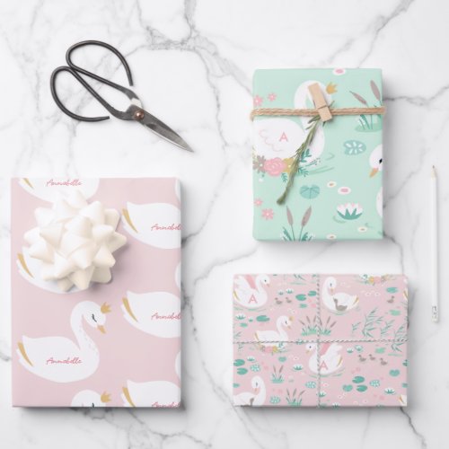 Pink girly elegant cute beautiful swan childrens  wrapping paper sheets