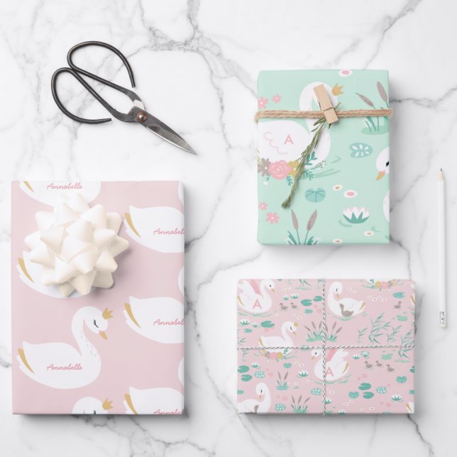 Pink girly elegant cute beautiful swan children's  wrapping paper sheets (Front)