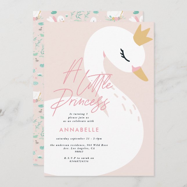 Pink girly elegant photo beautiful swan children invitation (Front/Back)