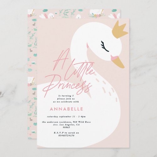 Pink girly elegant photo beautiful swan children invitation