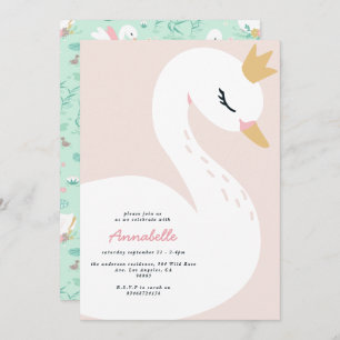Pink girly elegant photo beautiful swan children invitation