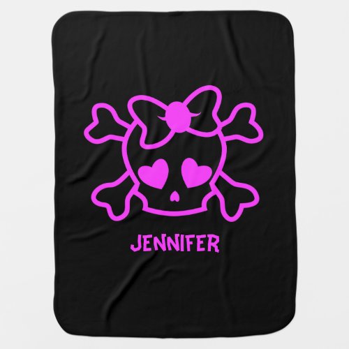 Pink girly emo skull with bow name baby girl stroller blanket