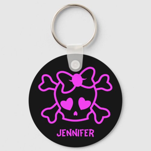 Pink girly emo skull with bow name girl keychain