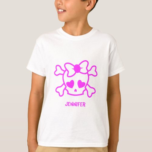 Pink girly emo skull with bow name girl shirt