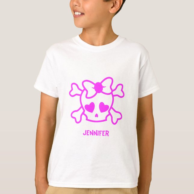 Pink girly emo skull with bow name girl shirt (Front)