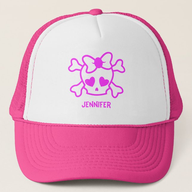 Pink girly emo skull with bow name girl trucker hat (Front)