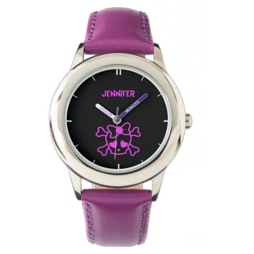 Pink girly emo skull with bow name girl watch