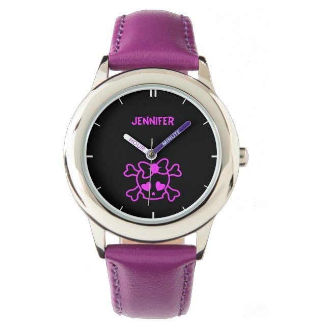 Pink girly emo skull with bow name girl watch (Front)