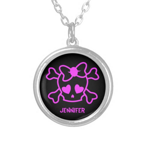 Pink girly emo skull with bow name girls silver plated necklace