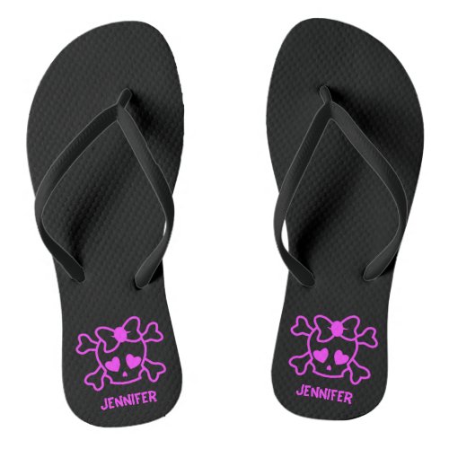 Pink girly emo skull with bow name teen girl flip flops