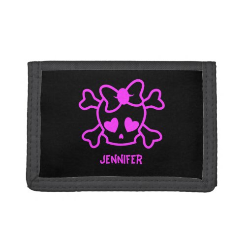 Pink girly emo skull with bow name teen girl tri_fold wallet