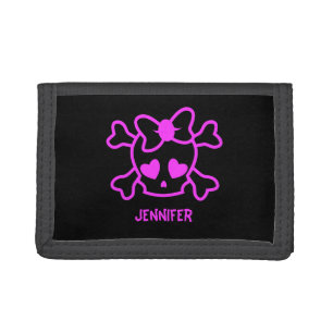 Pink girly emo skull with bow name teen girl trifold wallet