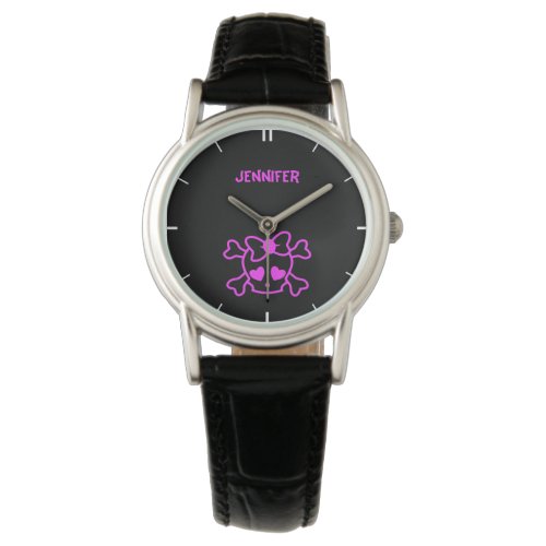 Pink girly emo skull with bow name teen girls watch