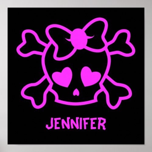 Pink girly emo skull with bow poster