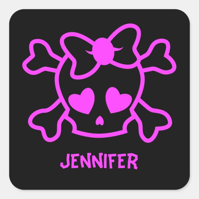 Pink girly emo skull with bow square sticker (Front)