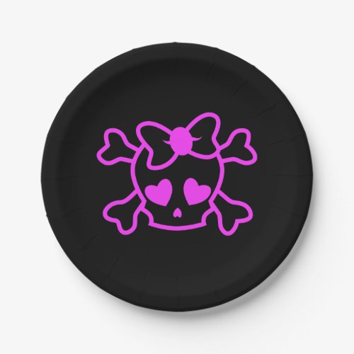 Pink girly emo skull with bow teenage girl black paper plates