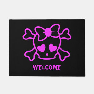 Pink girly emo skull with bow welcome doormat