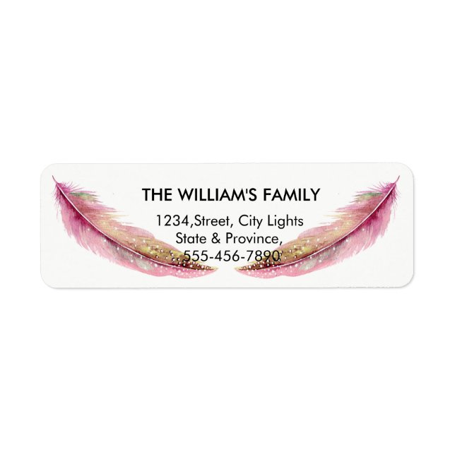 Pink Girly Feather Bird Peacock Wedding Label (Front)