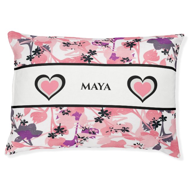 Pink Girly Floral Dog Bed with Hearts (Front)