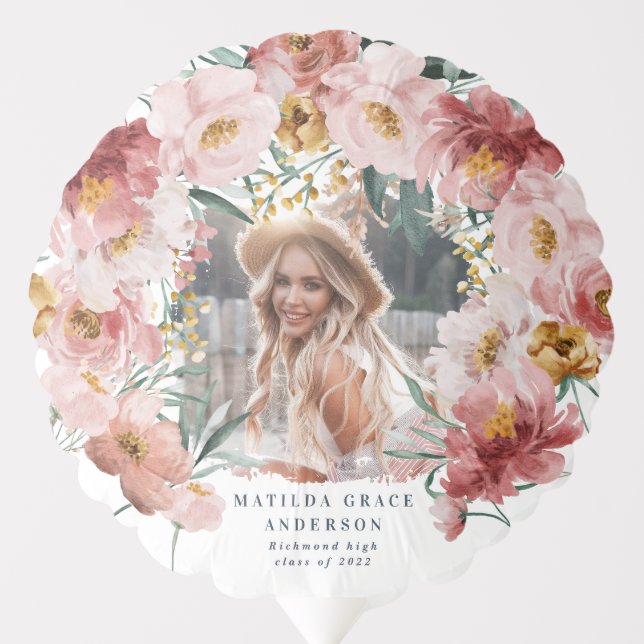 Pink girly floral photo graduation party  balloon (Front)