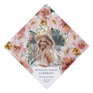 Pink girly floral photo graduation party  cap topper