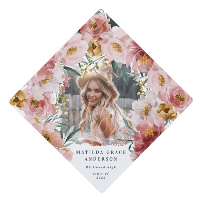Pink girly floral photo graduation party  cap topper (Front)