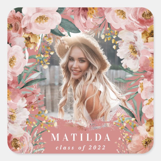 Pink girly floral photo graduation party elegant square sticker (Front)