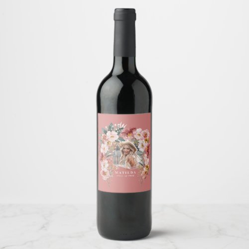 Pink girly floral photo graduation party elegant  wine label