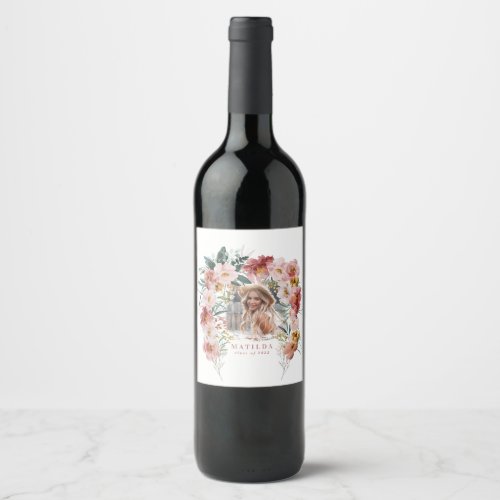 Pink girly floral photo graduation party elegant   wine label