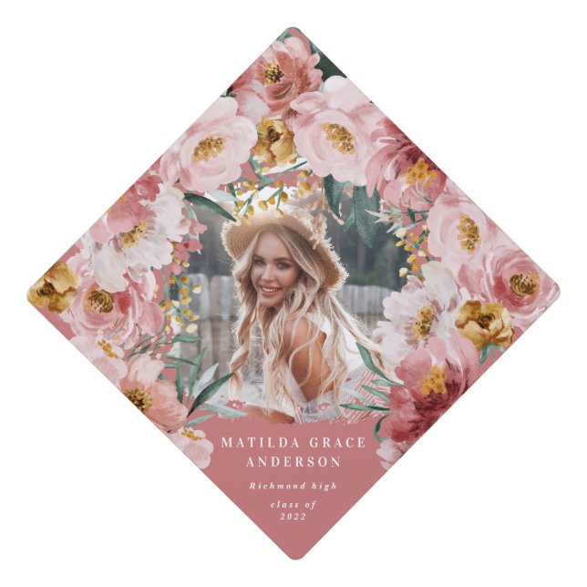 Pink girly floral photo graduation party  graduati cap topper (Front)
