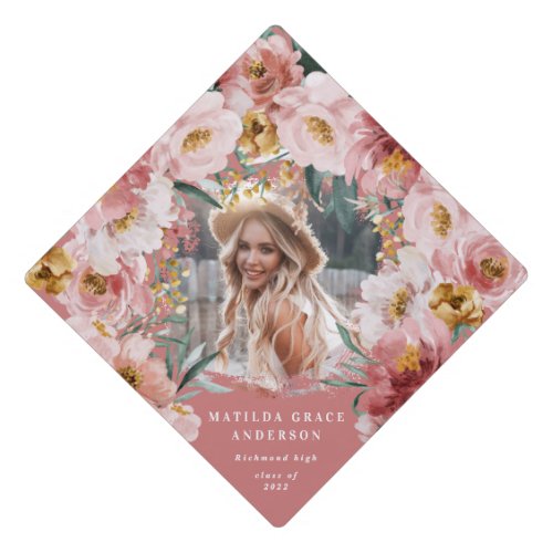 Pink girly floral photo graduation party  graduati graduation cap topper