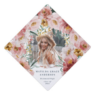 Pink girly floral photo graduation party graduation cap topper