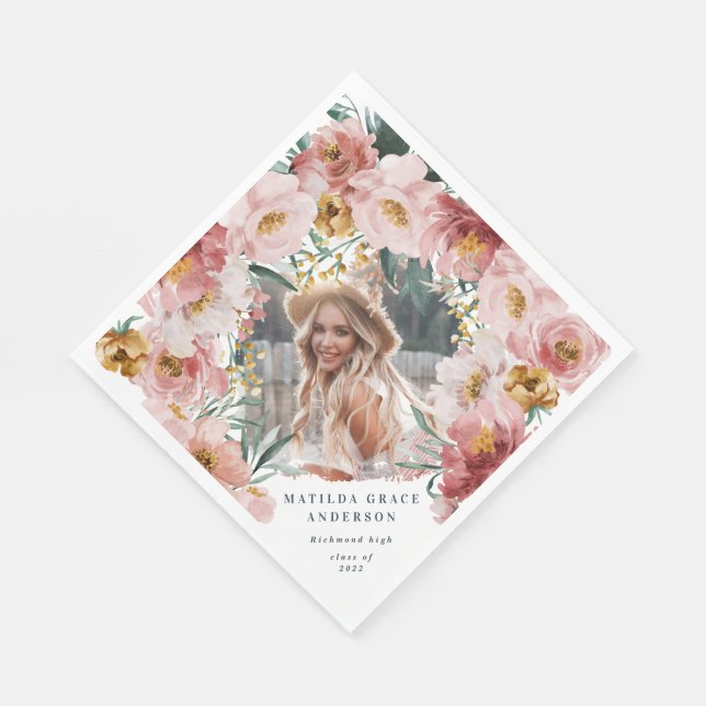 Pink girly floral photo graduation party napkins (Corner)