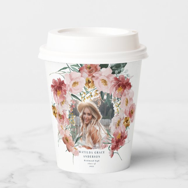 Pink girly floral photo graduation party paper cups (Front)